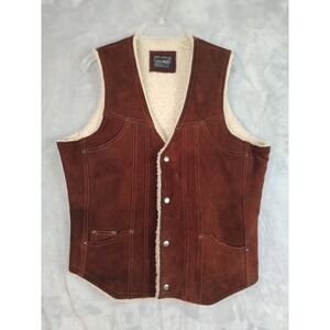 Challenger Mens Vintage Brown Suede‎ Leather Sherpa Lined Western Vest Medium